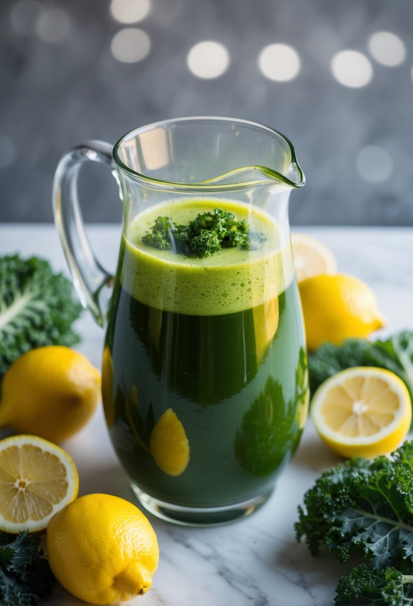 A glass pitcher filled with vibrant green kale lemon energizer juice surrounded by fresh kale leaves and lemons