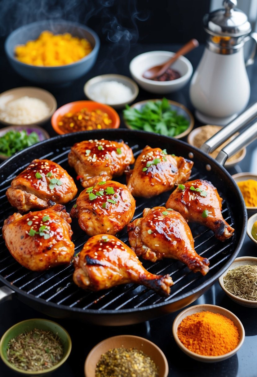 A sizzling grill with marinated Korean BBQ chicken, surrounded by colorful oriental spices and herbs