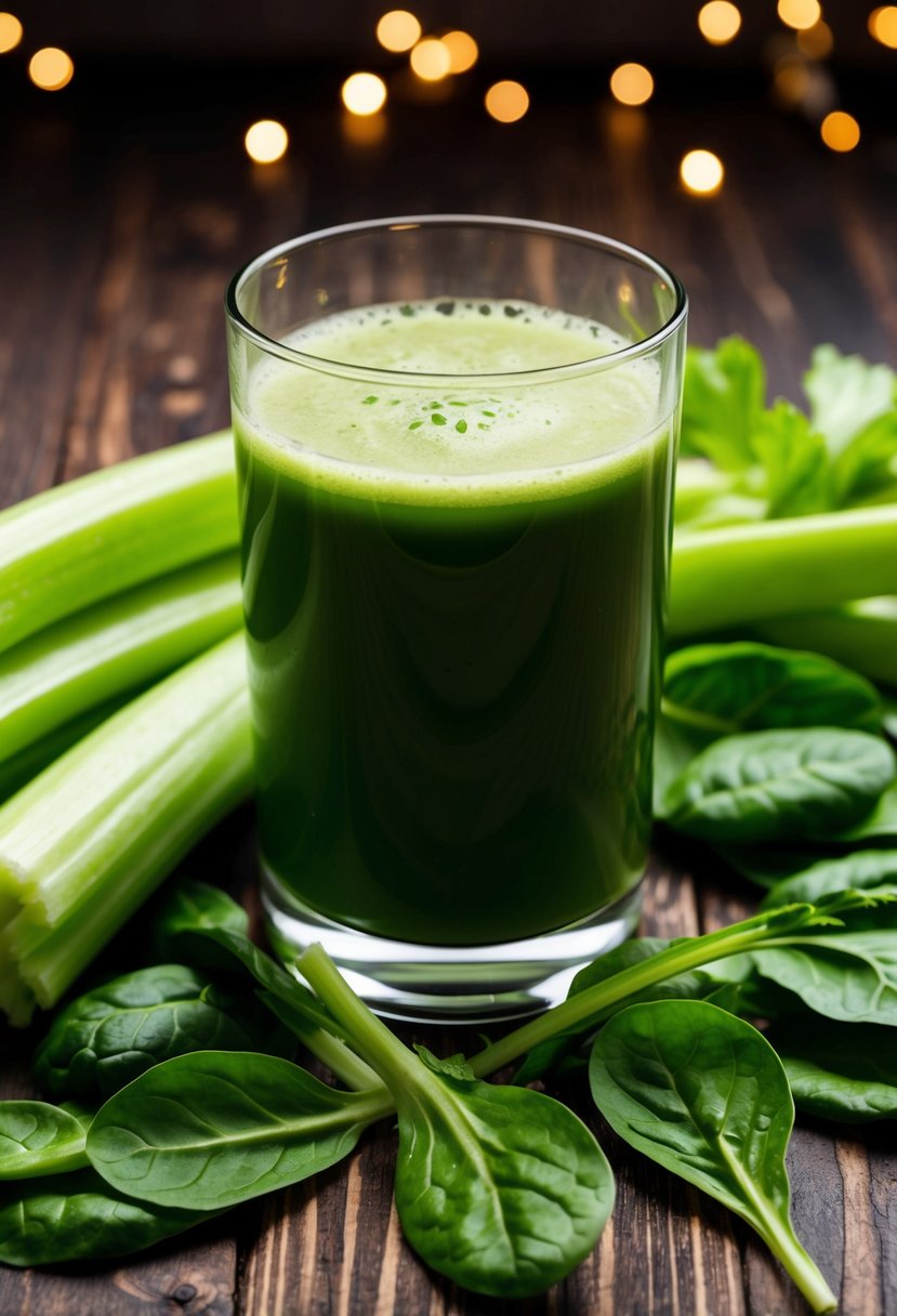 A glass of green juice surrounded by fresh celery and spinach leaves