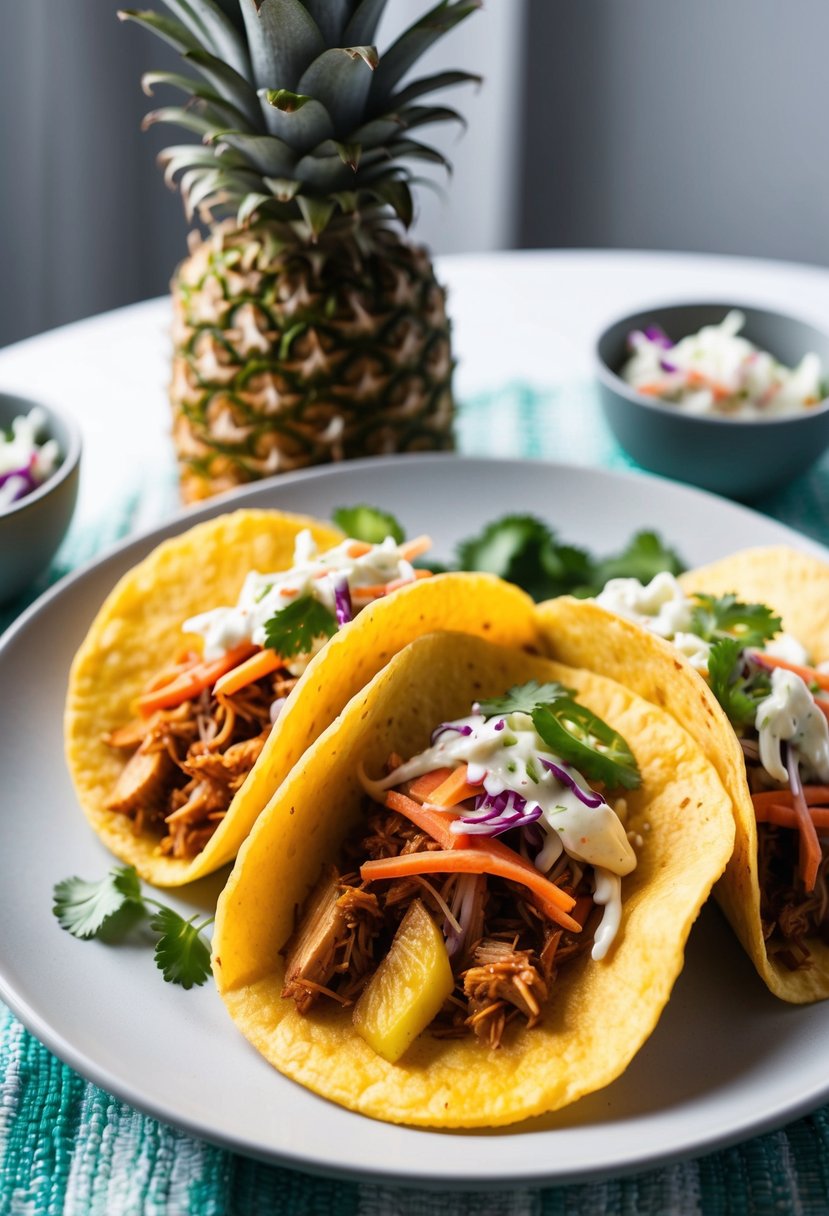 A table set with pineapple pulled pork tacos and coleslaw