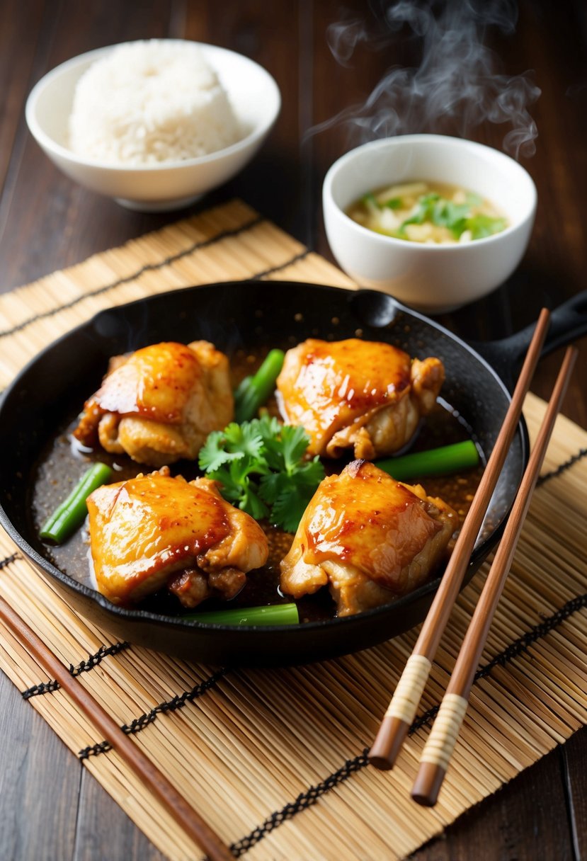 A sizzling skillet of honey garlic Asian chicken thighs with steaming rice and chopsticks on a bamboo placemat