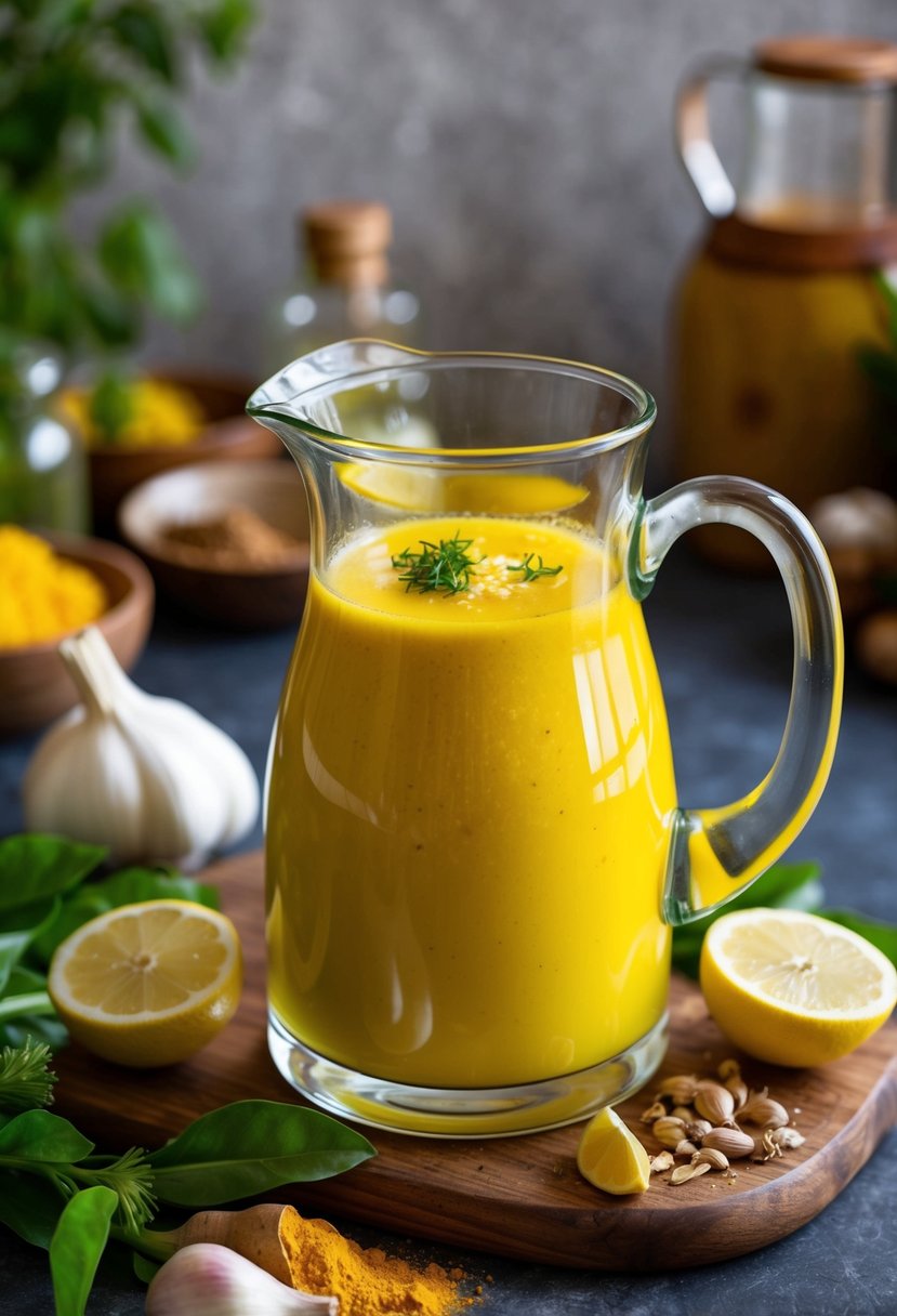 A glass pitcher filled with vibrant yellow garlic lemon turmeric juice surrounded by fresh ingredients