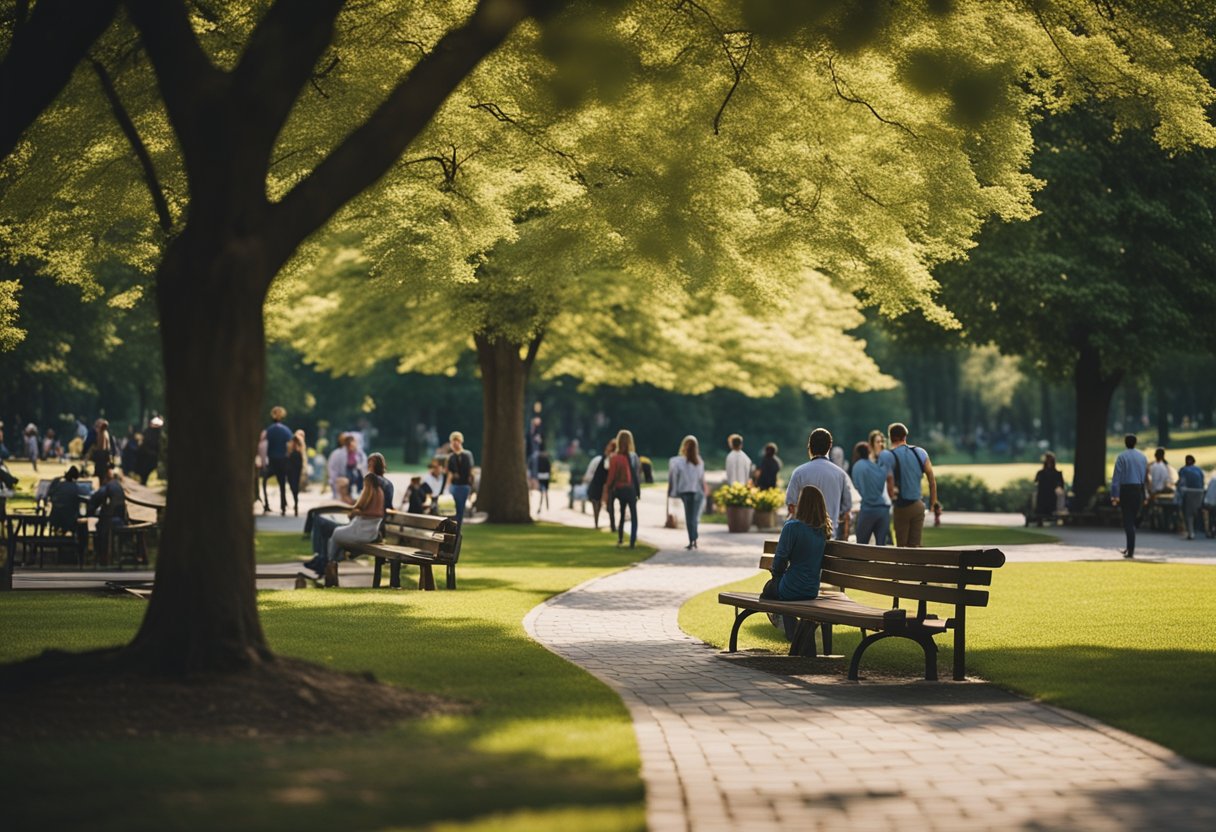 A serene park with a winding path, vibrant flowers, and a bench under a shady tree, surrounded by people engaging in various activities like walking, reading, and chatting