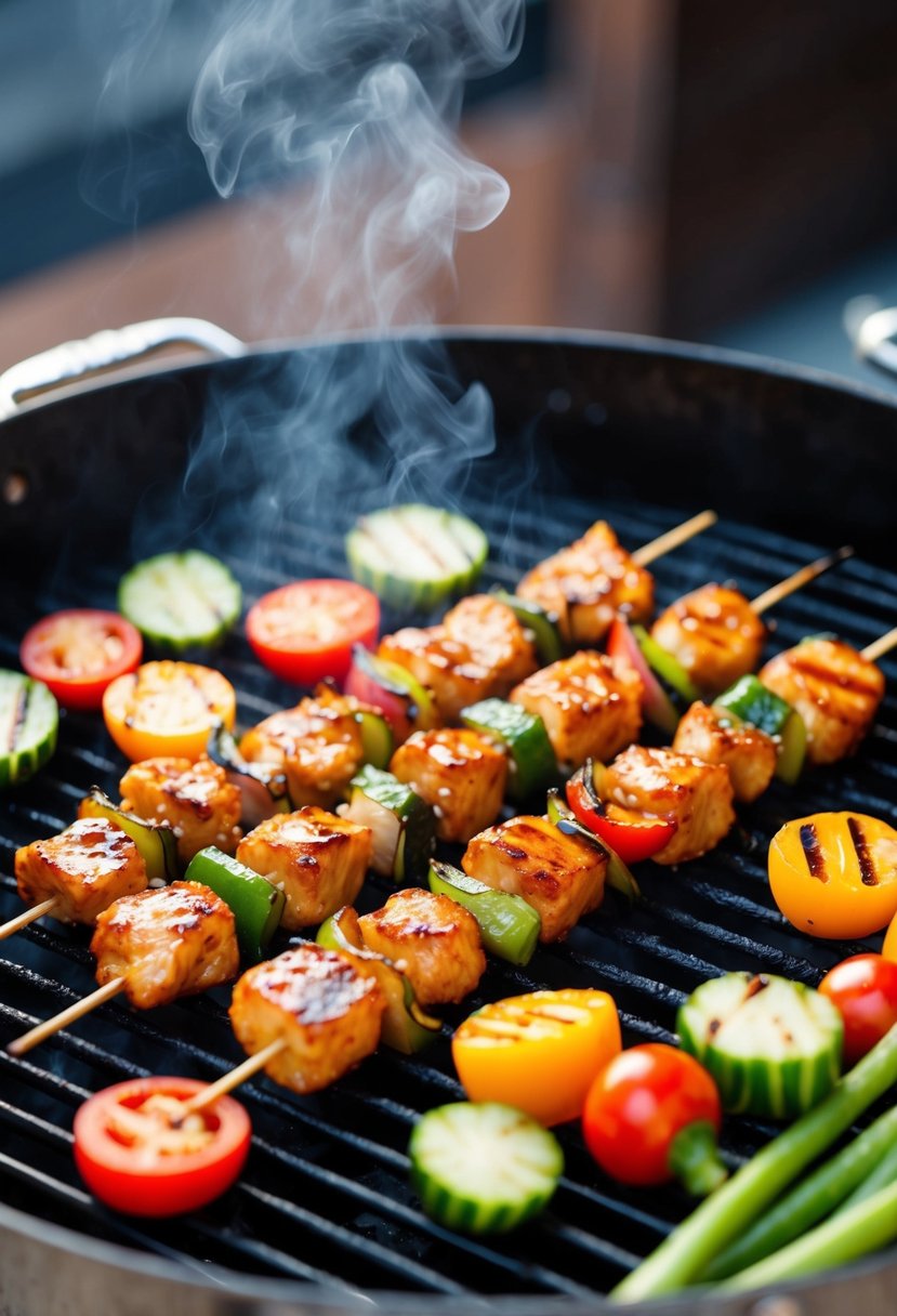 A sizzling grill with teriyaki chicken skewers, surrounded by colorful vegetables and a hint of steam rising