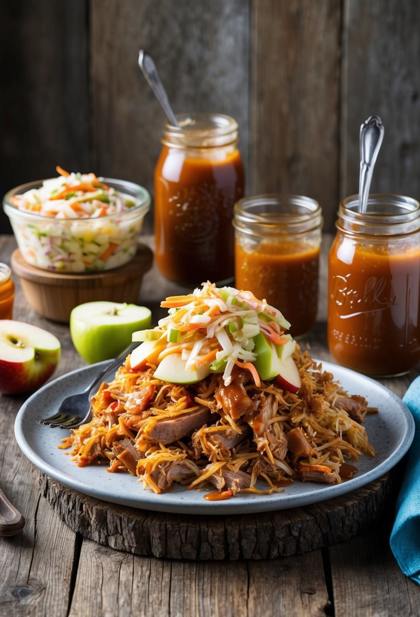 A rustic wooden table topped with a heaping pile of tender pulled pork and a colorful apple slaw, surrounded by jars of homemade barbecue sauce and vinegar-based dressing