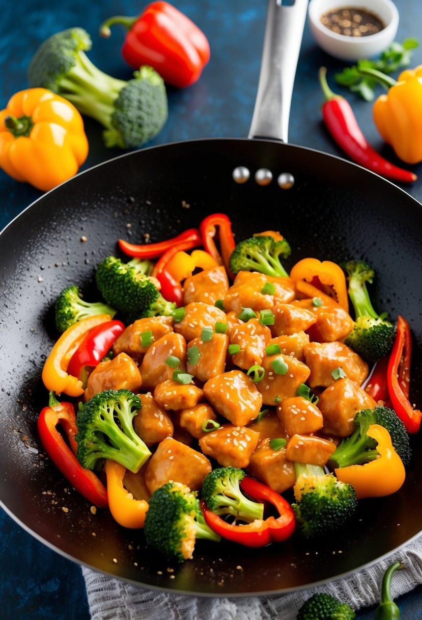 A sizzling wok full of General Tso's Chicken, surrounded by vibrant bell peppers, broccoli, and chili peppers