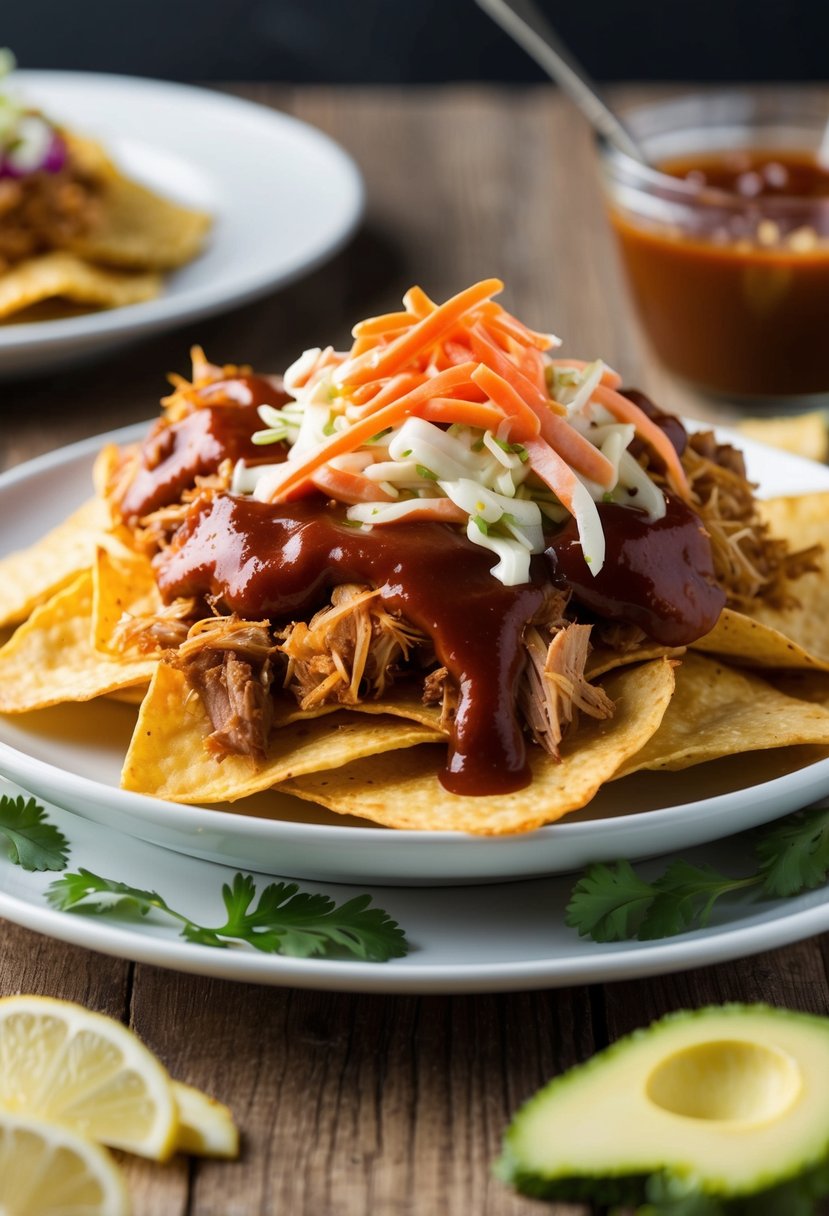 A heaping plate of nachos topped with tender pulled pork, tangy Memphis-style barbecue sauce, and a colorful coleslaw, creating a mouthwatering and visually appealing dish