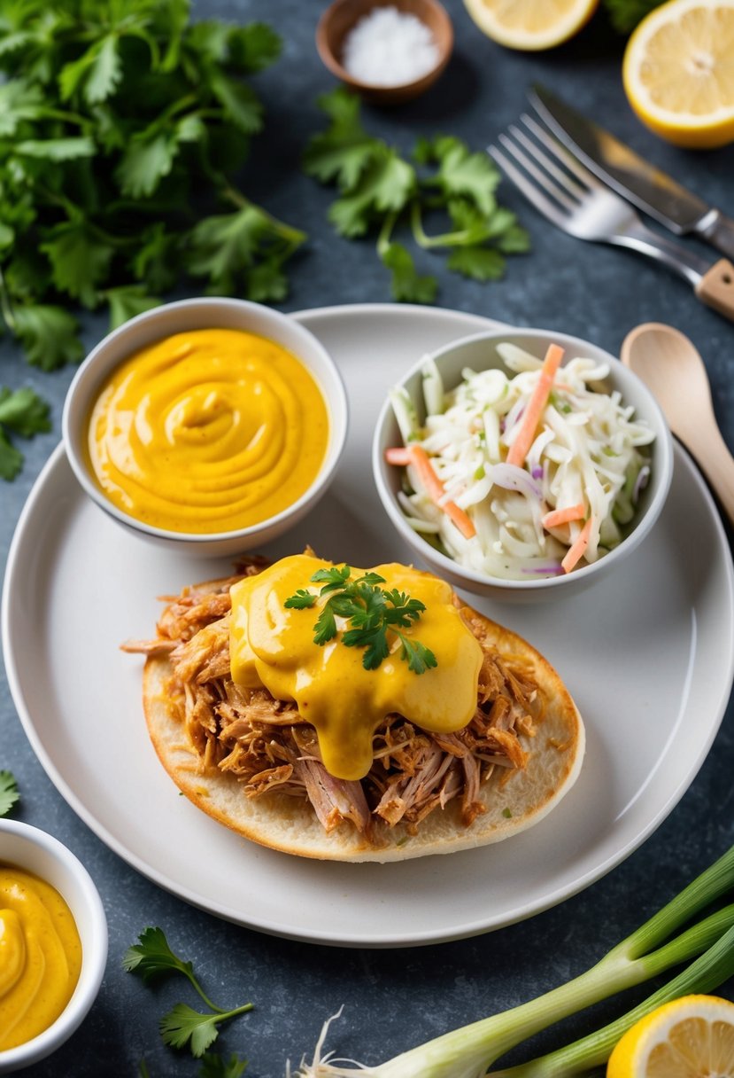 A plate with honey mustard pulled pork and coleslaw, surrounded by fresh ingredients and cooking utensils