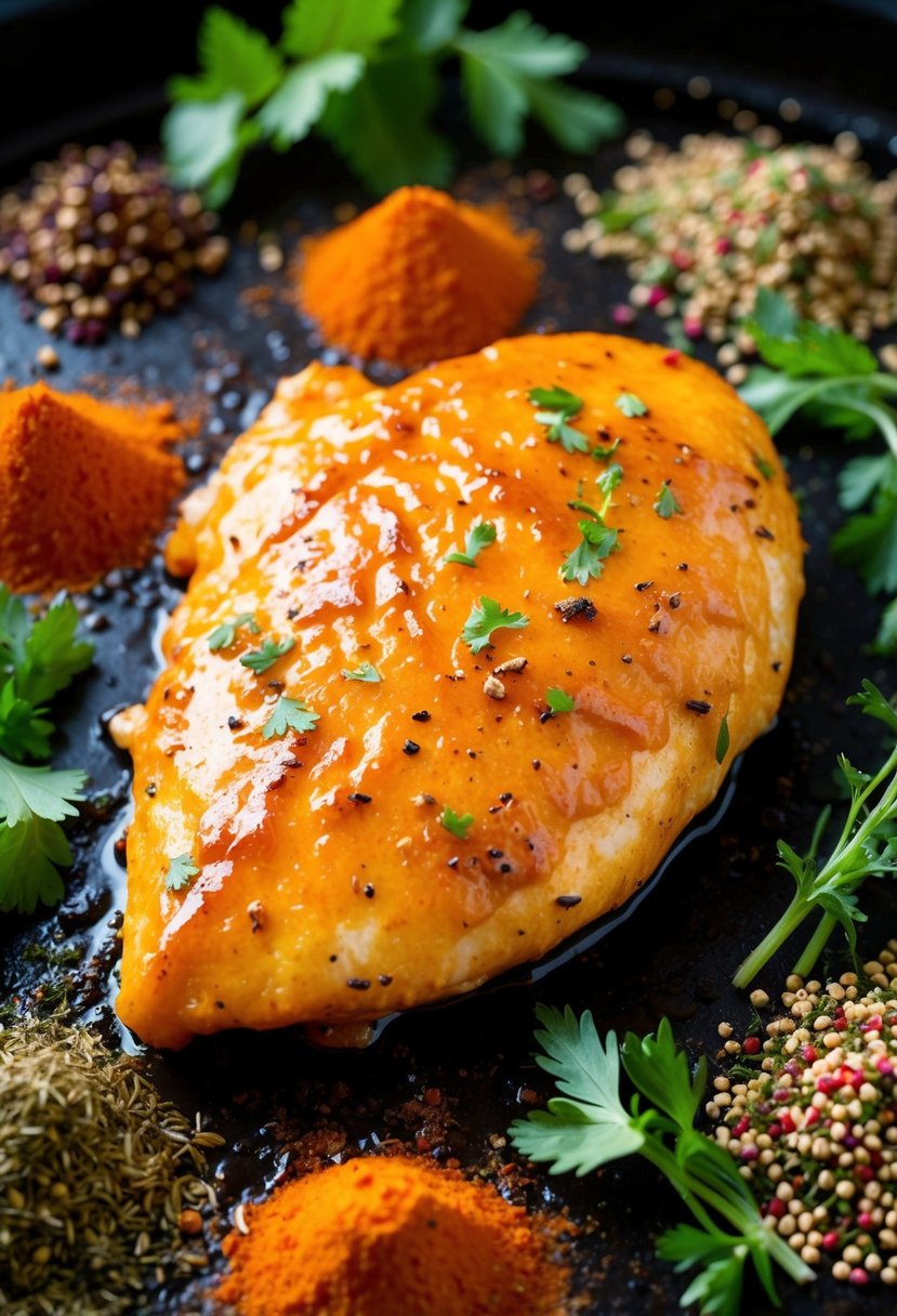 A sizzling chicken breast coated in glossy orange glaze, surrounded by vibrant oriental spices and fresh herbs