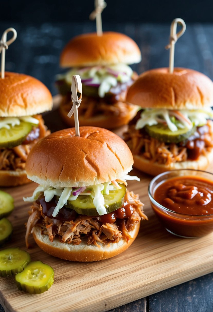 A plate of pulled pork sliders with pickles and coleslaw, served on a wooden cutting board with a side of barbecue sauce