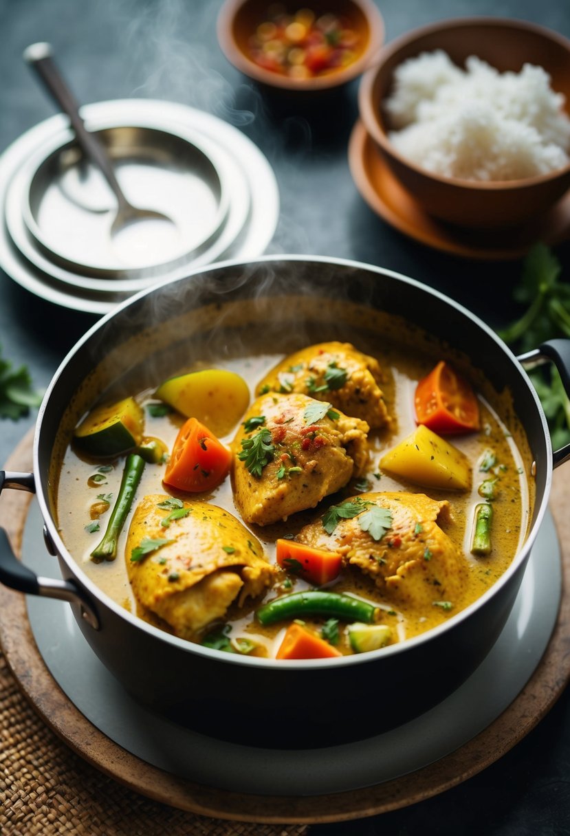 A steaming pot of coconut curry chicken with vibrant vegetables and aromatic spices