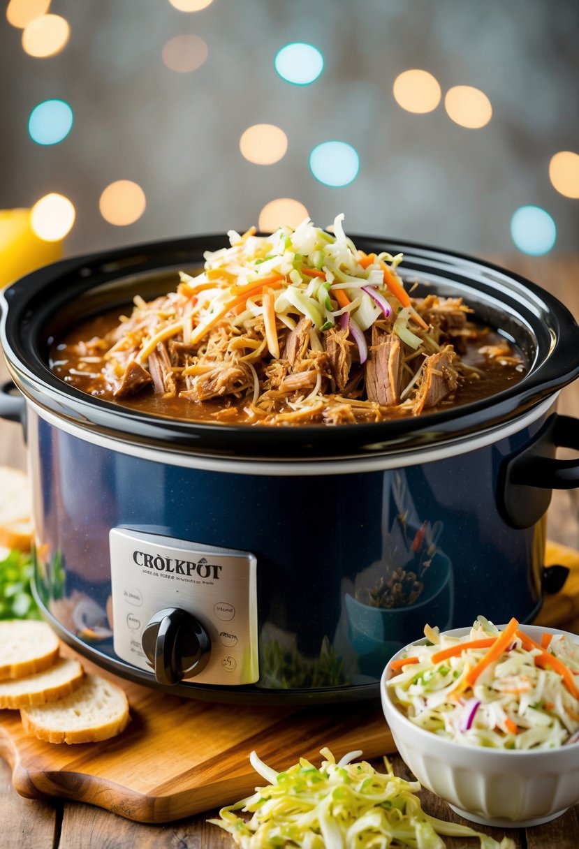 A crockpot filled with tender pulled pork, surrounded by a colorful and crunchy coleslaw, ready to be served