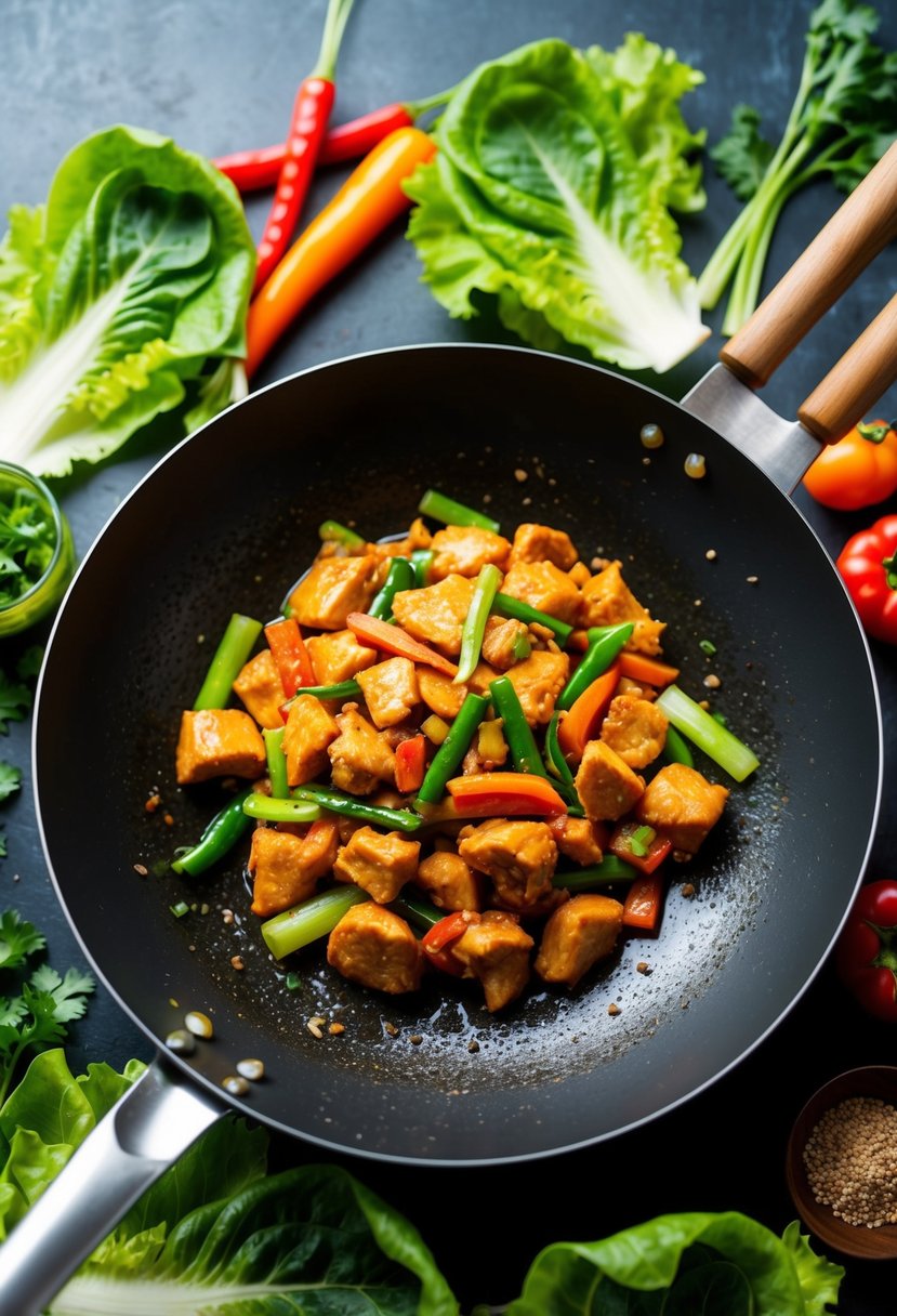 A sizzling wok of Szechuan chicken stir-fry, surrounded by vibrant green lettuce leaves and colorful vegetables