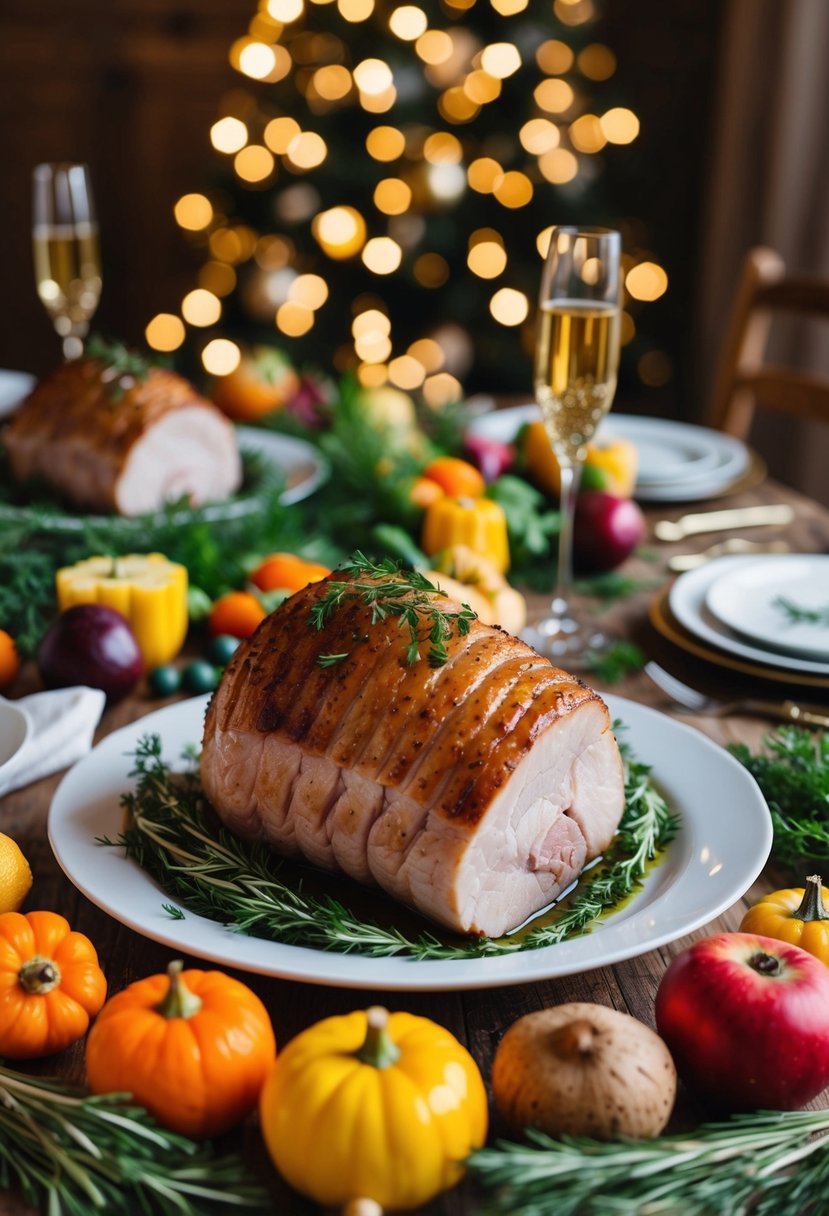 A festive table set with roasted pork, garnished with herbs and surrounded by seasonal vegetables and fruits