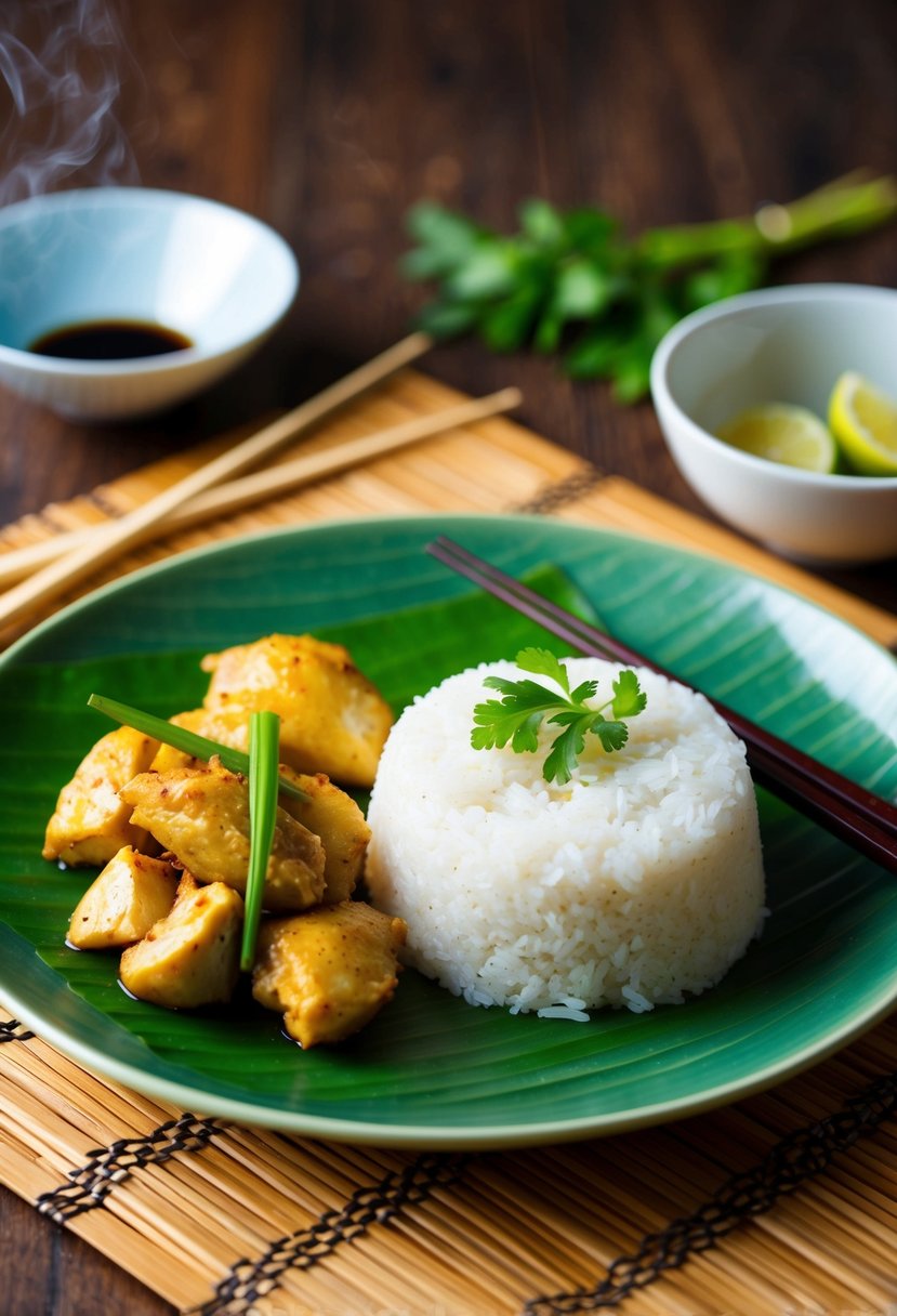 A steaming plate of Lemon Grass Chicken with Coconut Rice on a bamboo placemat, surrounded by chopsticks and a small dish of soy sauce