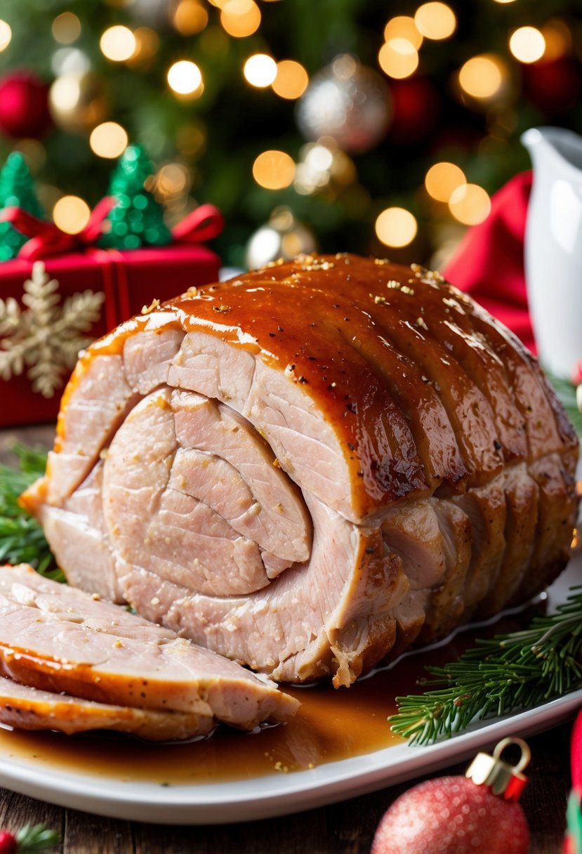 A succulent pork roast glistening with maple glaze, surrounded by festive holiday decor