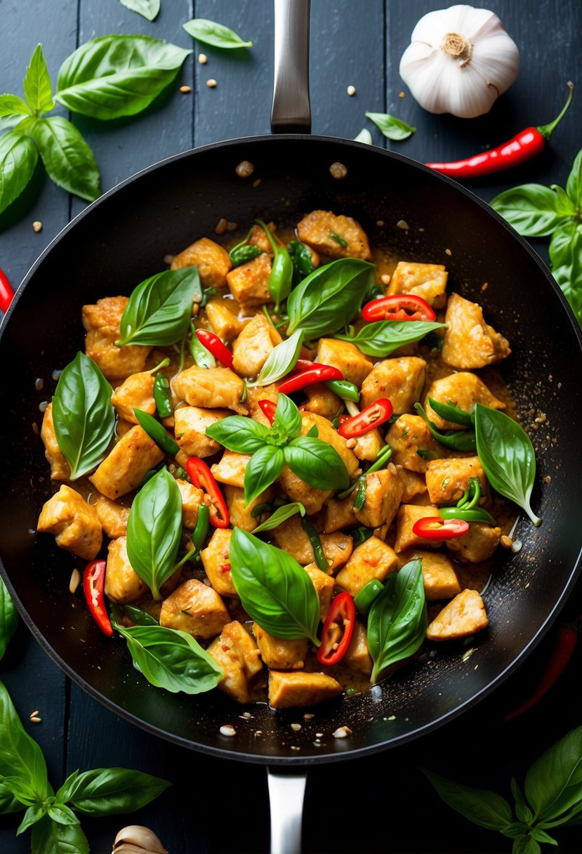 A sizzling wok filled with Thai basil chicken, surrounded by vibrant green basil leaves, garlic, and chili peppers