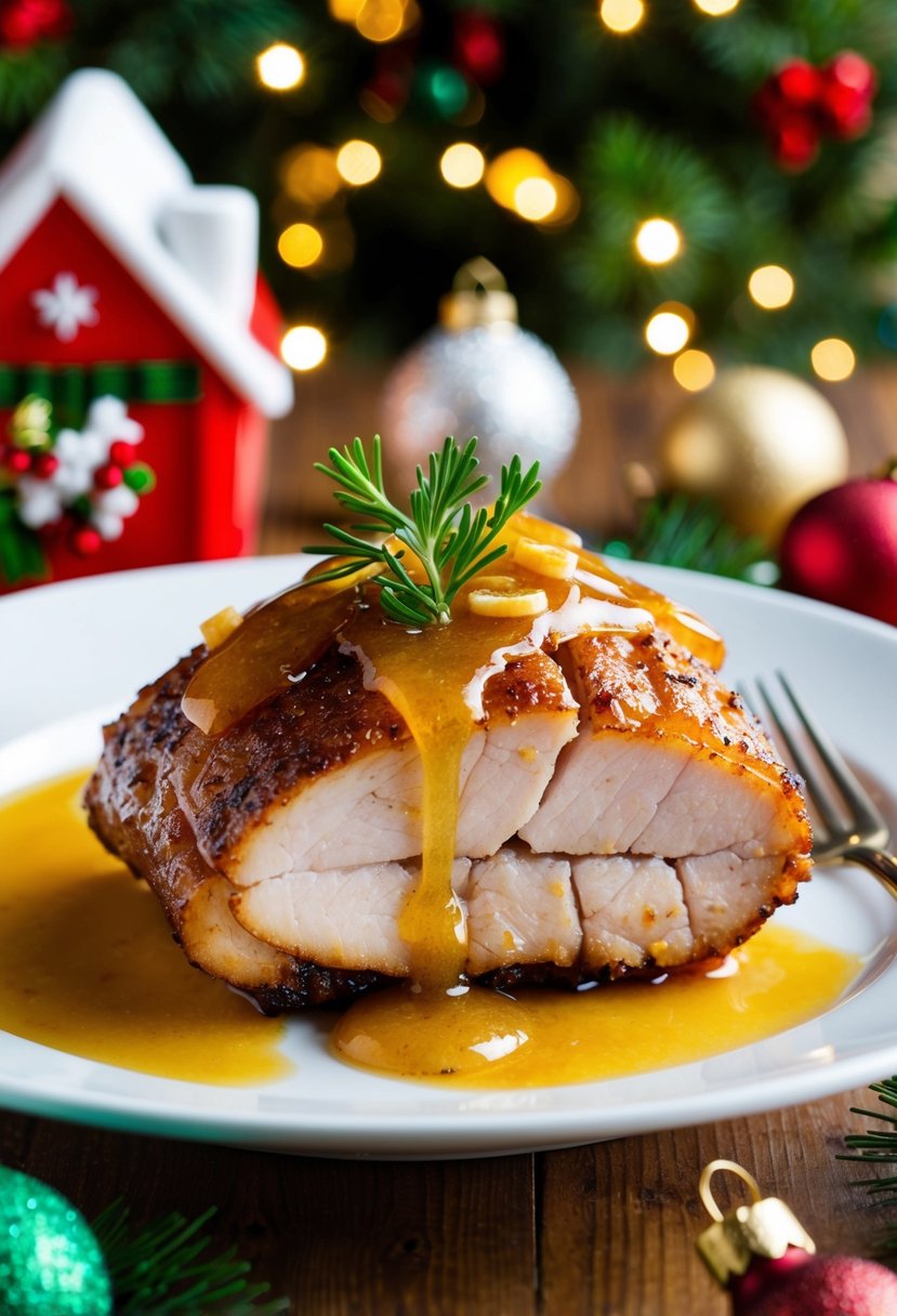 A succulent piece of crispy pork belly drizzled with honey garlic sauce, surrounded by festive Christmas decorations