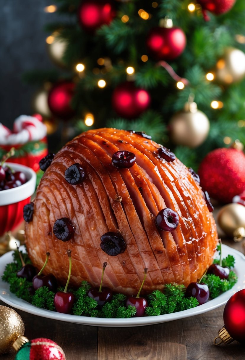 A succulent ham glazed with cherry and brown sugar, glistening and surrounded by festive holiday decorations