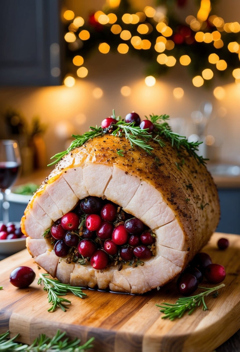 A succulent pork loin, stuffed with cranberries and herbs, roasting in a festive kitchen