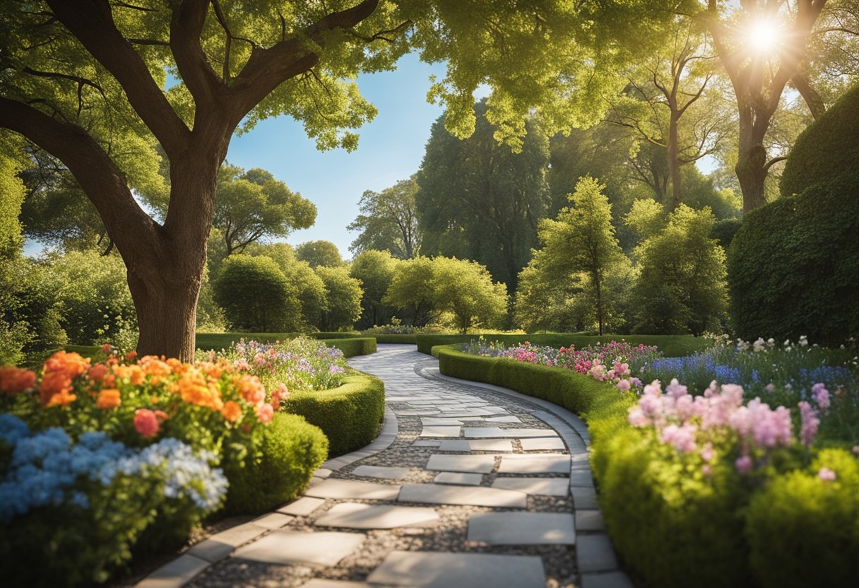 A serene garden with winding paths, vibrant flowers, and a peaceful atmosphere, surrounded by a protective barrier of trees and a clear blue sky above