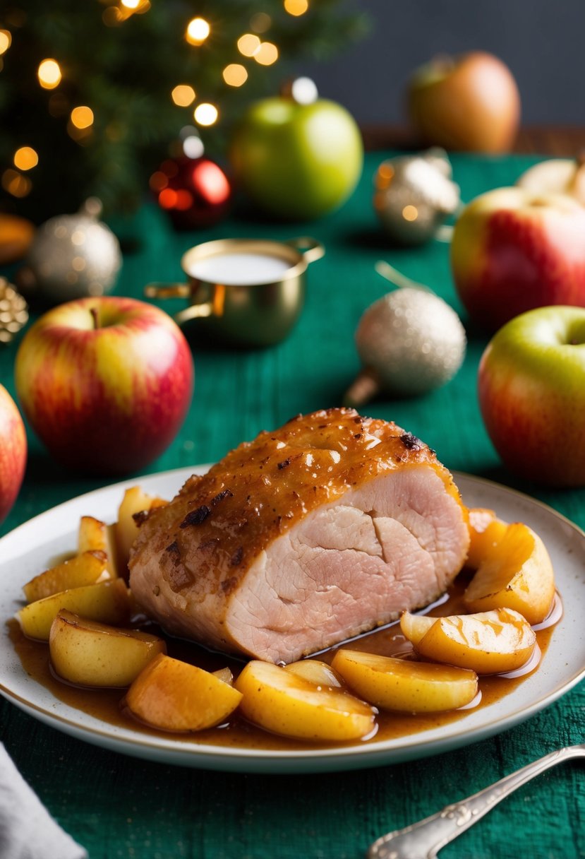 A golden-brown pork tenderloin surrounded by caramelized apples and onions on a festive holiday table