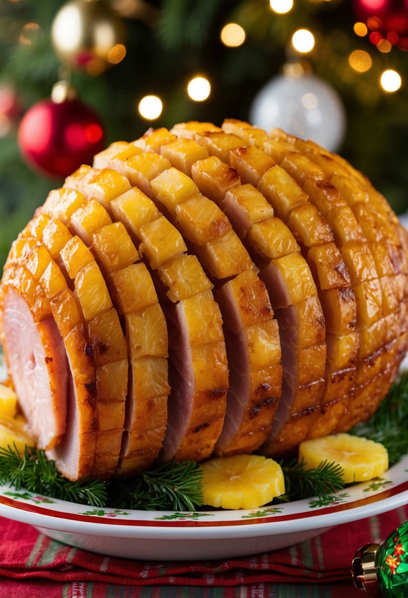 A glistening baked ham, coated in a golden pineapple glaze, sits on a festive holiday table