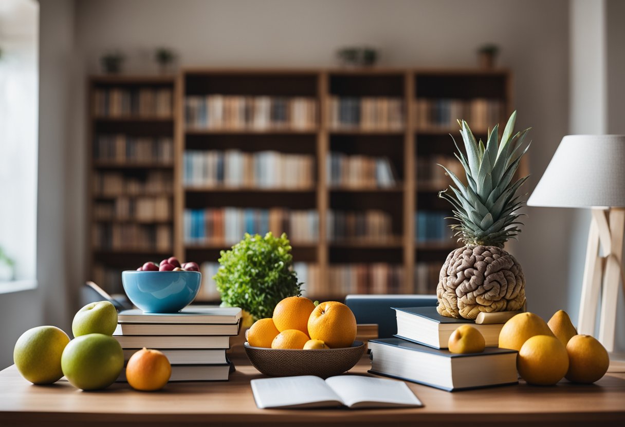 A peaceful, organized living room with a bookshelf of brain-boosting books, a bowl of colorful fruits, and a calendar with daily mental exercises