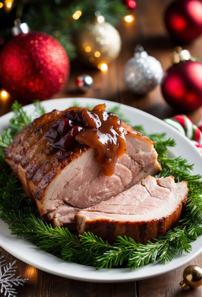 A succulent pork rib roast adorned with plum chutney, surrounded by festive Christmas decorations