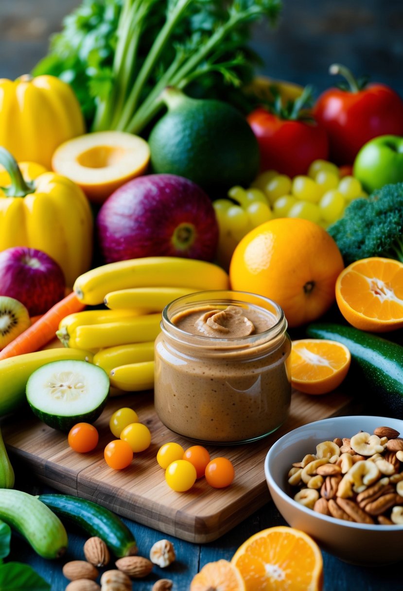 A colorful array of fresh fruits and vegetables arranged on a wooden cutting board, with a jar of homemade nut butter and a bowl of mixed nuts nearby