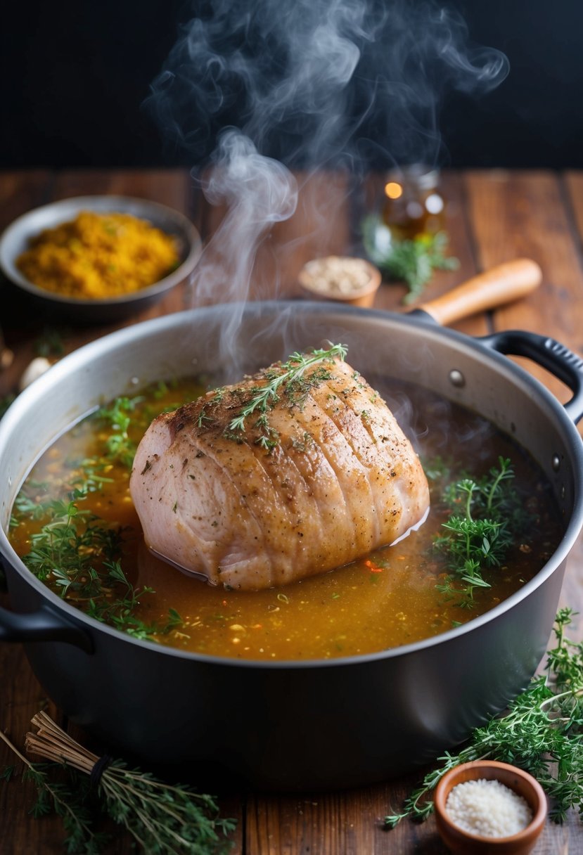 A large pork shoulder simmering in a pot of cider, surrounded by aromatic herbs and spices, with steam rising from the bubbling liquid