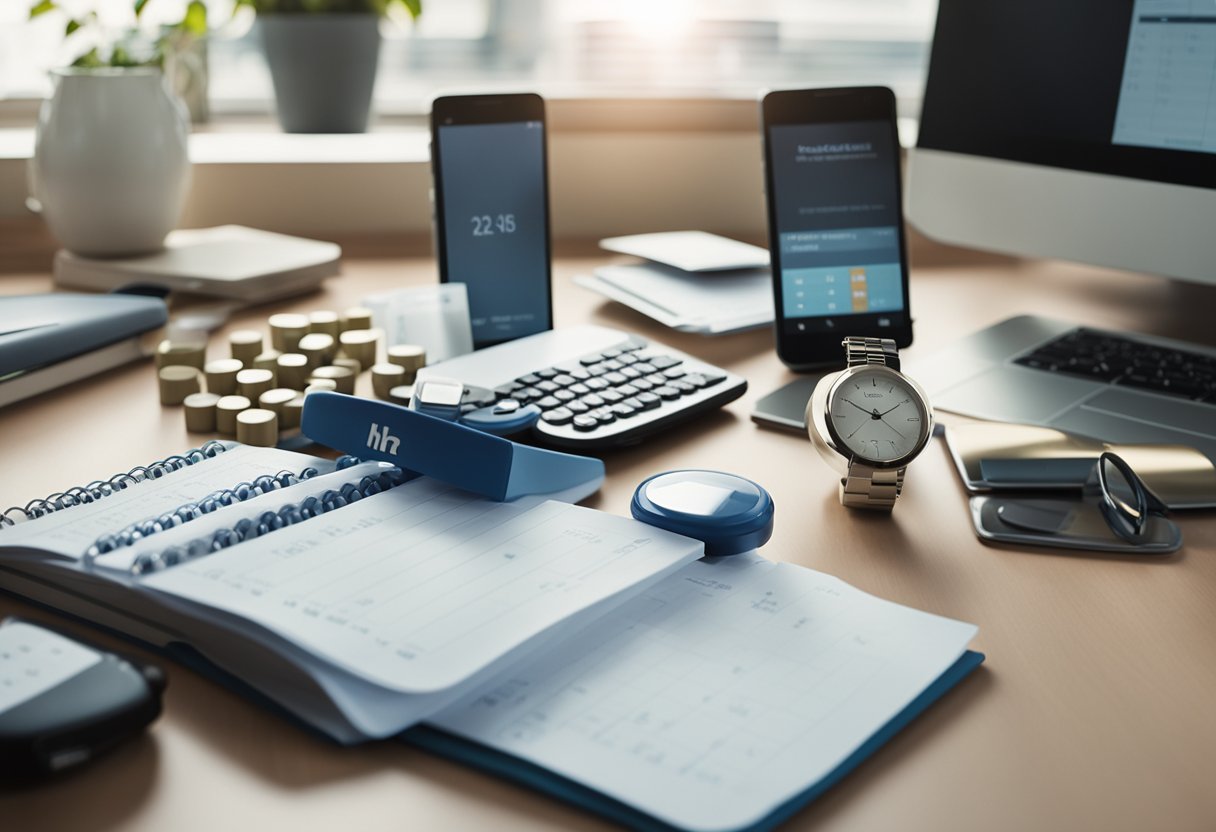 A cluttered desk with pill organizer, calendar, and reminder notes. A smartphone with medication management app. A serene setting with natural light