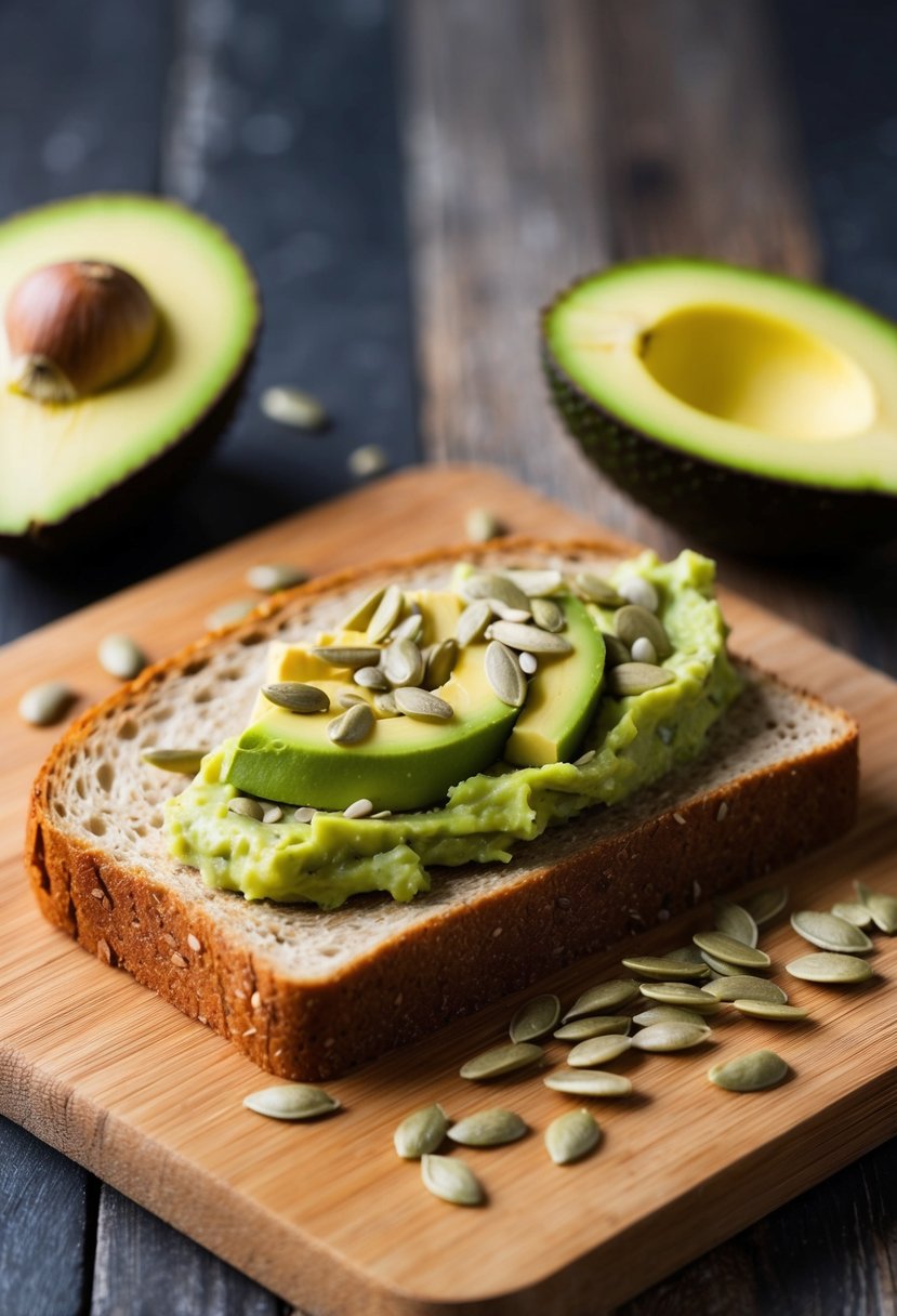 A slice of whole grain bread topped with mashed avocado and sprinkled with sunflower seeds on a wooden cutting board