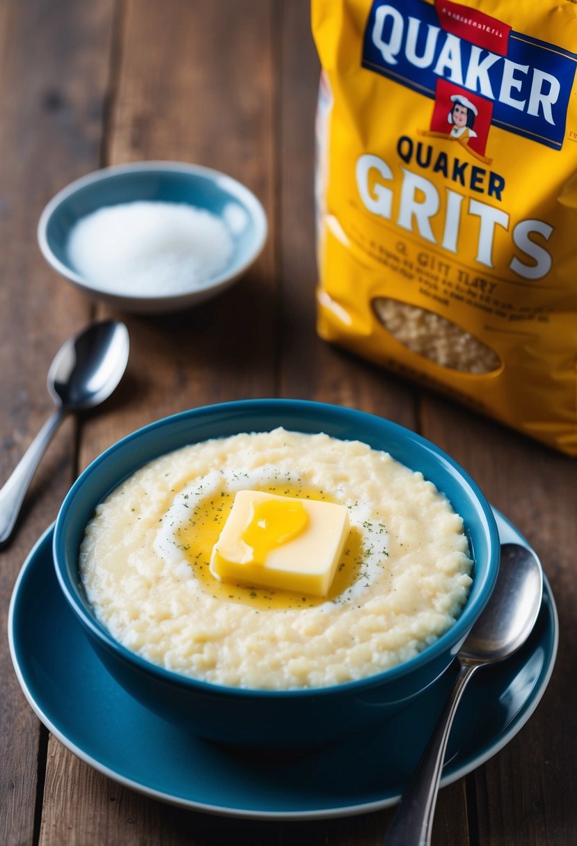 A bowl of cooked Quaker grits topped with butter and a sprinkle of salt, sitting on a wooden table next to a spoon and a bag of grits