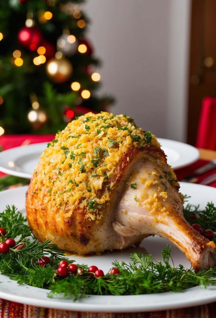 A golden-brown pork leg, coated in a flavorful garlic and herb crust, resting on a festive holiday table