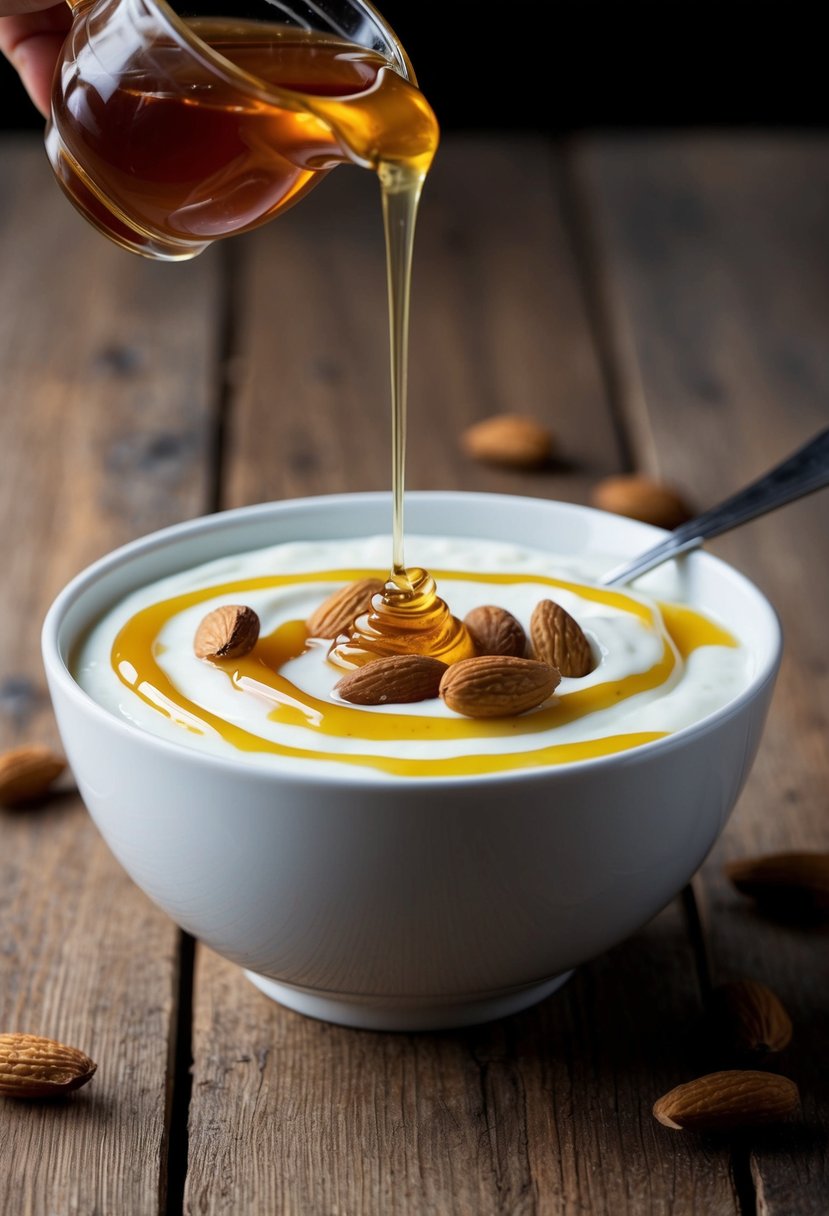 A bowl of Greek yogurt topped with drizzled honey and scattered almonds on a wooden table