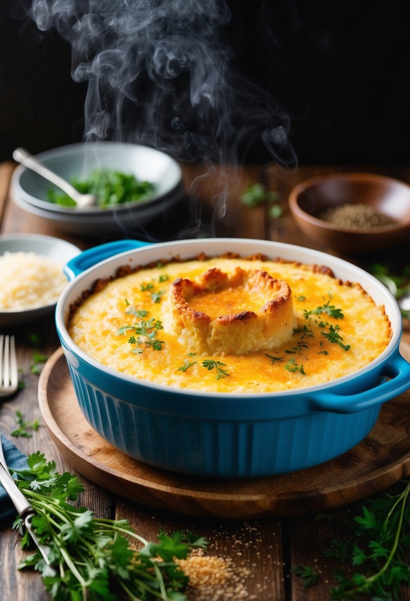 A steamy casserole dish of cheesy Quaker grits, topped with golden brown crust, surrounded by a scattering of fresh herbs and spices