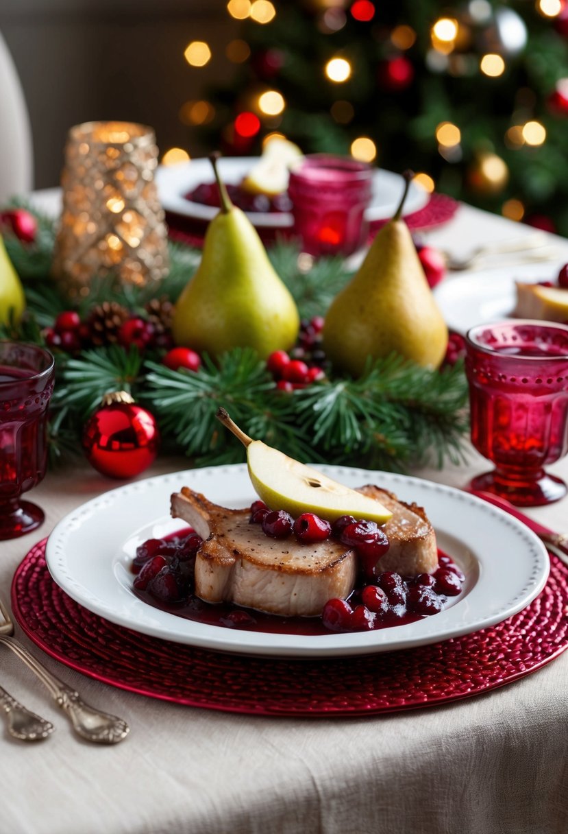 A festive table setting with a plate of pork chops topped with pear and cranberry sauce, accompanied by seasonal decorations