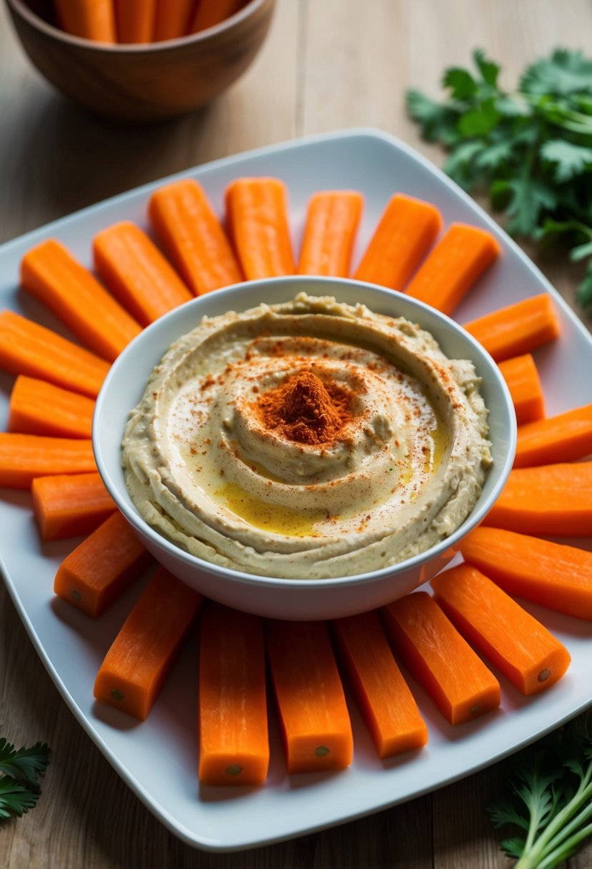 A plate of carrot sticks arranged next to a bowl of creamy hummus, with a sprinkle of paprika on top