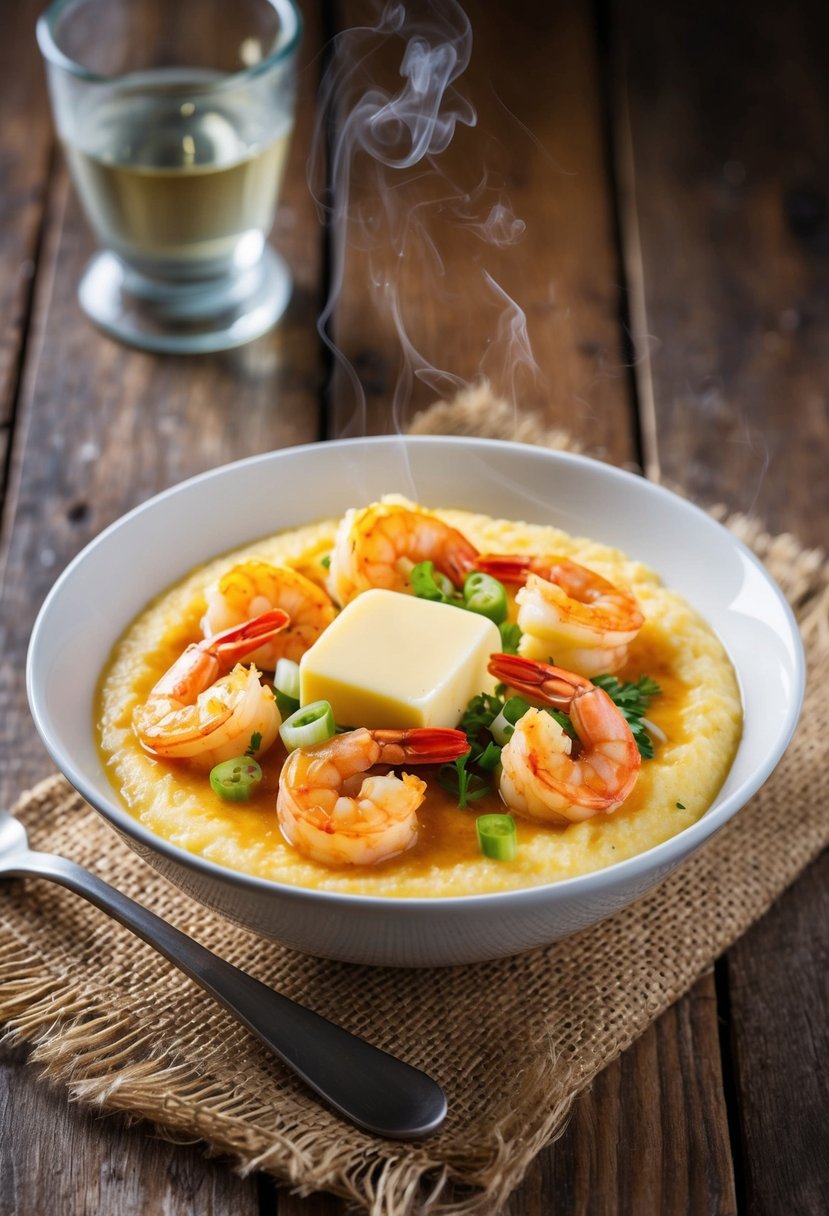 A steaming bowl of spicy shrimp and grits, with a pat of butter melting on top and a sprinkle of green onions, sitting on a rustic wooden table