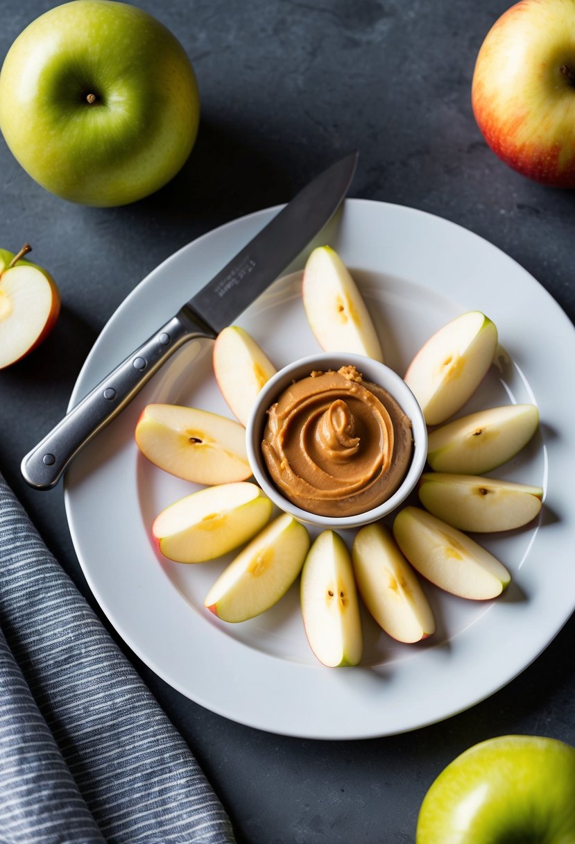 A plate with apple slices arranged around a small bowl of peanut butter, accompanied by a knife