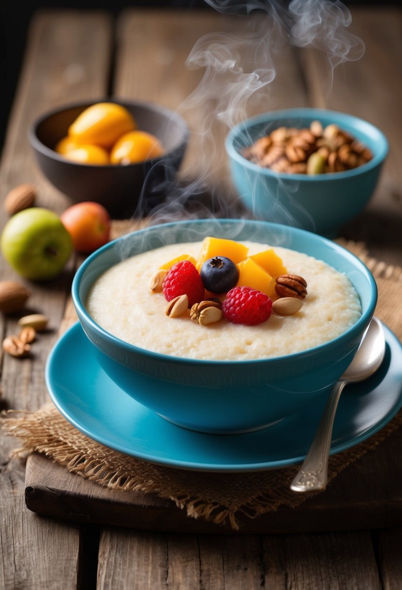 A steaming bowl of Quaker grits topped with colorful fruits and nuts on a rustic wooden table