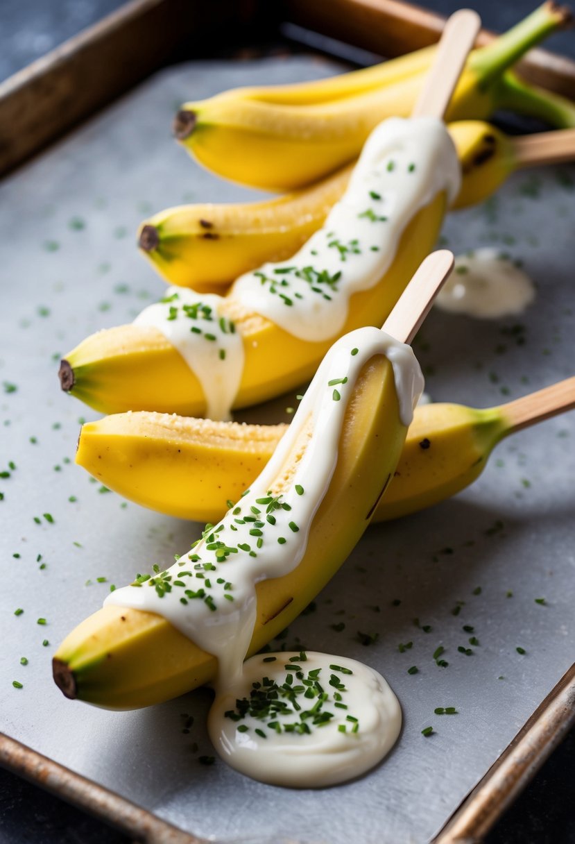 Fresh bananas on sticks, coated in yogurt and toppings, then frozen on a tray