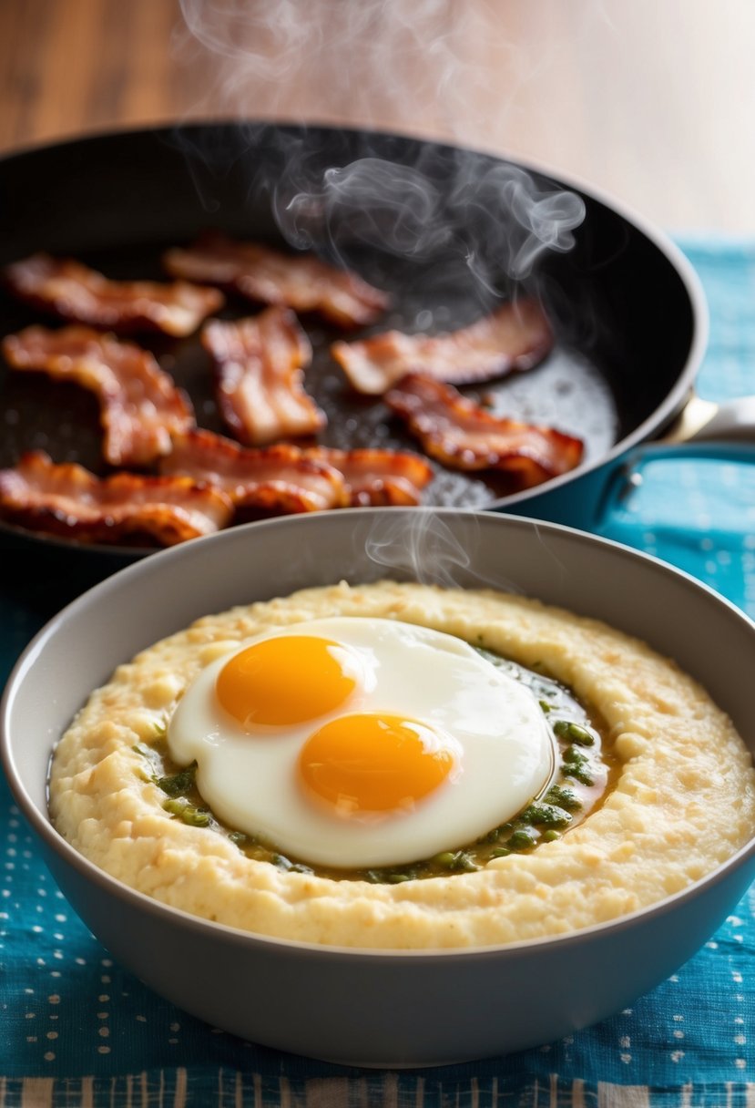 A sizzling pan of bacon and a steaming bowl of Quaker grits topped with eggs