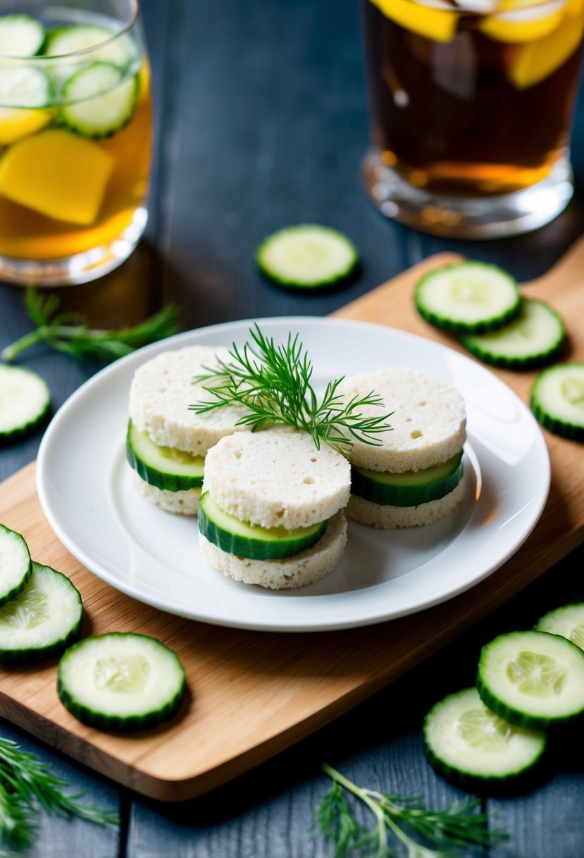 A plate of cucumber sandwiches on a wooden board, surrounded by fresh cucumber slices and a sprig of dill, with a glass of iced tea in the background