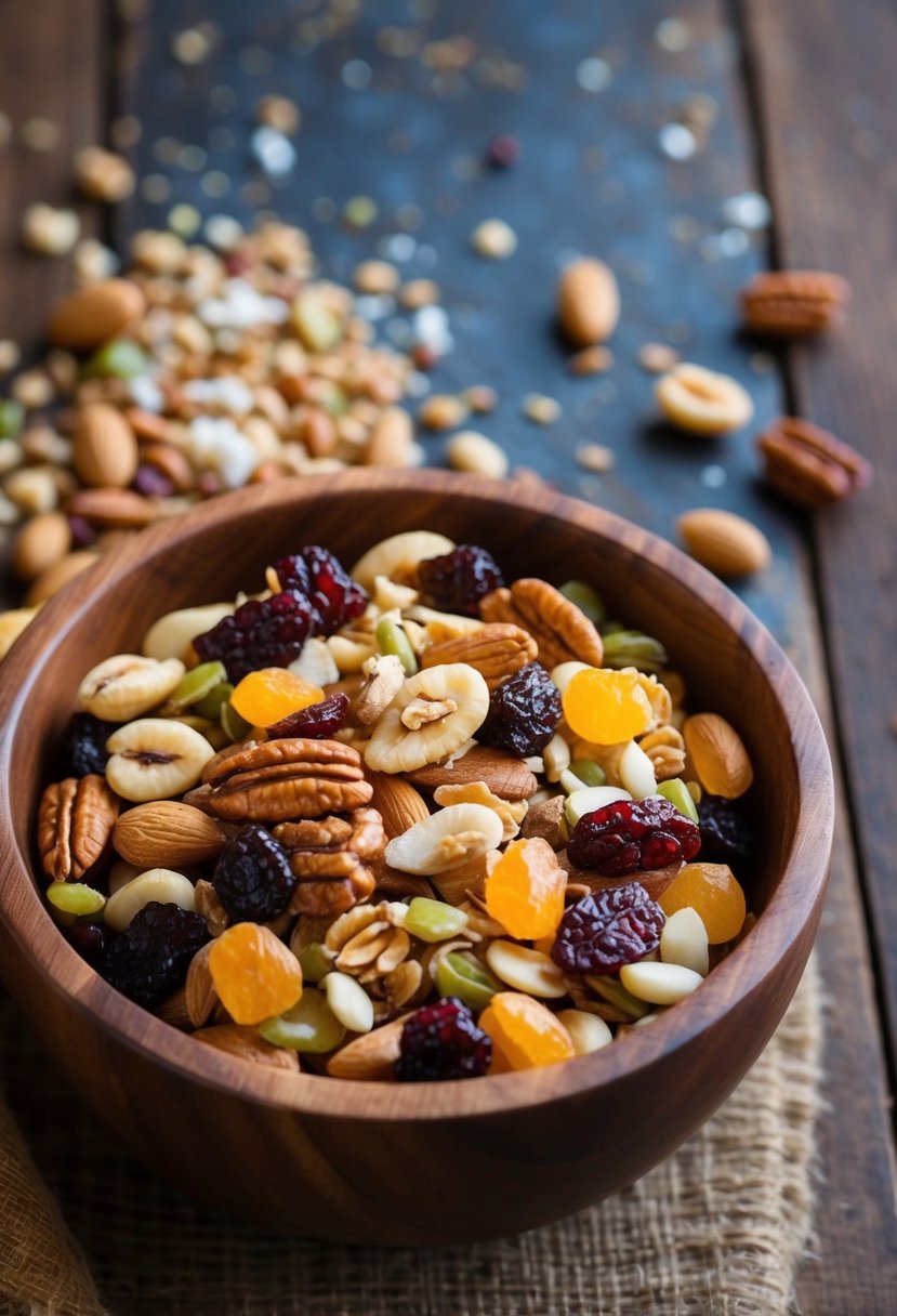 A wooden bowl filled with trail mix, featuring nuts and dried fruits, sits on a rustic table next to a scattering of loose ingredients