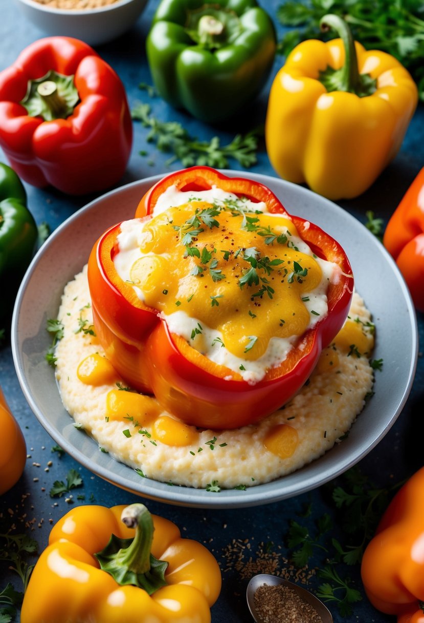 A colorful array of bell peppers overflowing with creamy Quaker grits, topped with melted cheese and surrounded by a scattering of fresh herbs and spices