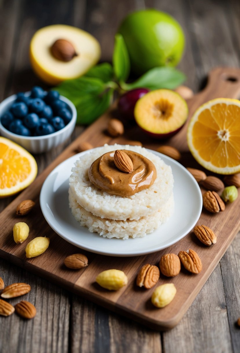 A plate of rice cakes topped with almond butter surrounded by a variety of fresh fruits and nuts, set on a wooden cutting board