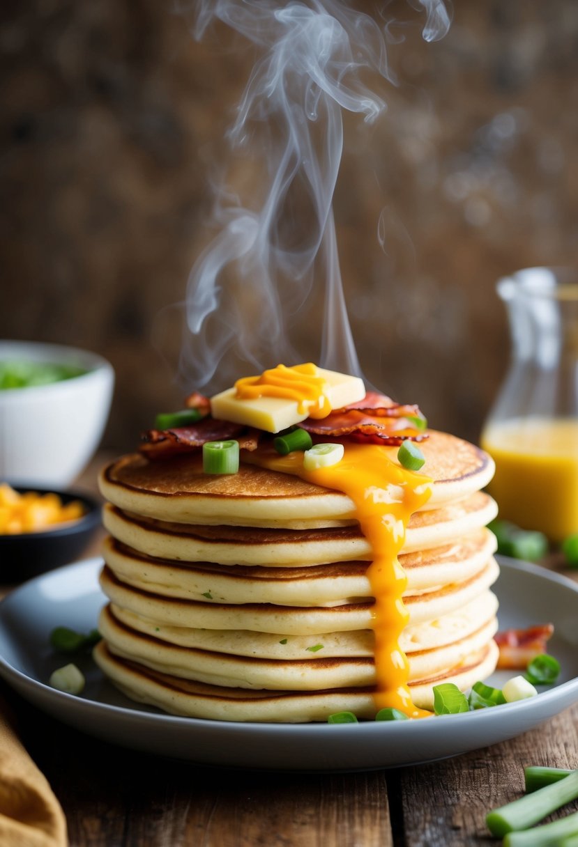 A steaming stack of golden brown Quaker grits pancakes topped with savory ingredients like cheese, bacon, and green onions