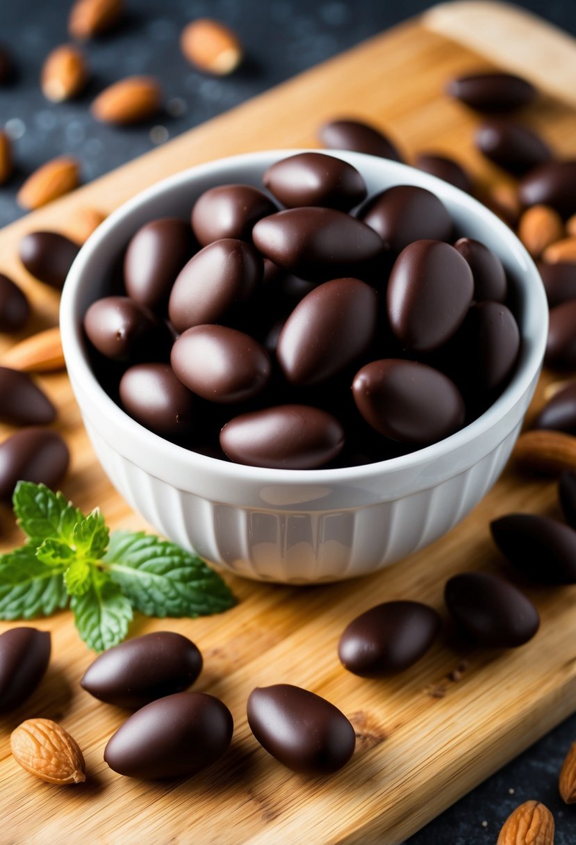 A bowl of dark chocolate-covered almonds surrounded by scattered almonds and a sprig of mint on a wooden cutting board